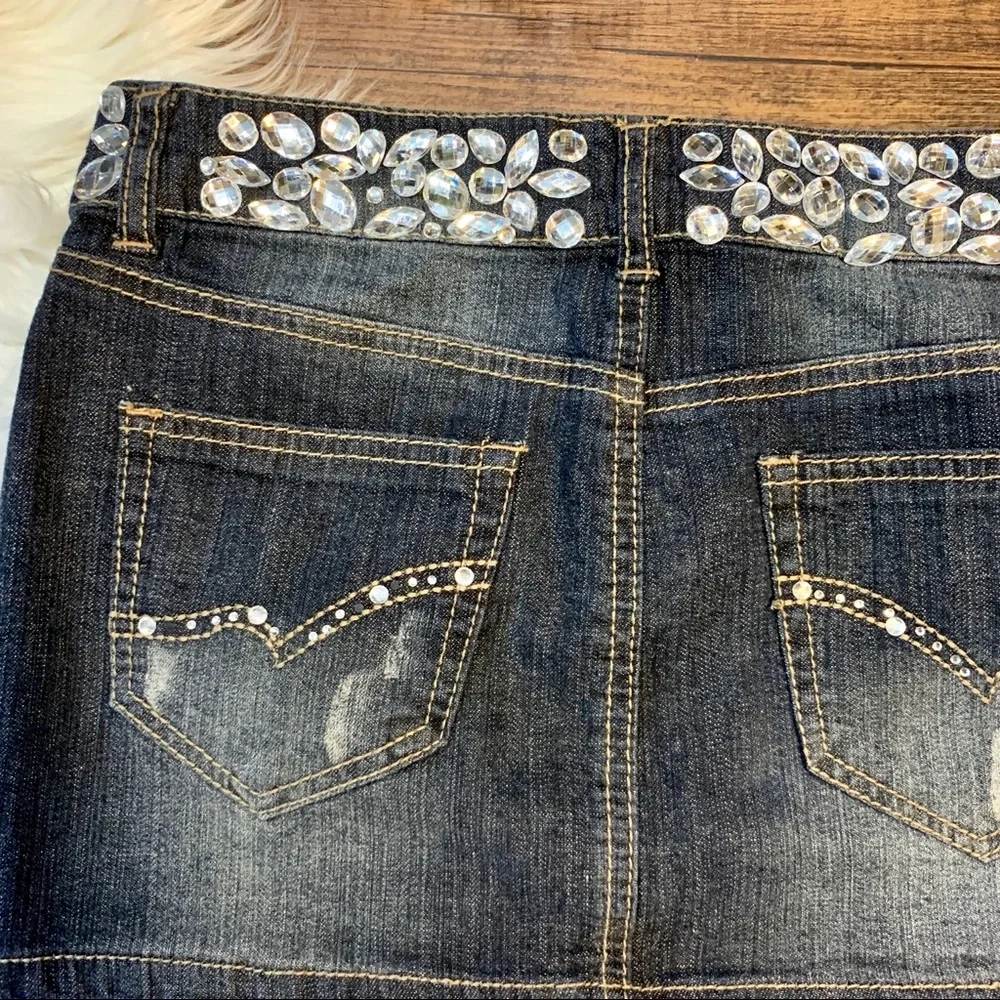 Wallflower Denim Mini Skirt Size 1 Dark Wash Rhinestone Waistband Jean Skirt